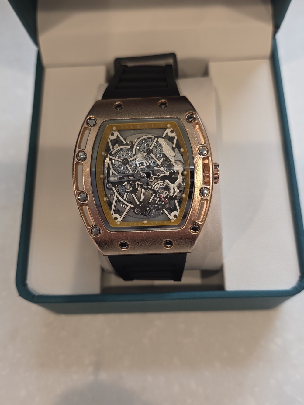 BiBi Rose Gold Skeleton Watch with Black Strap and Yellow Accent - Picture 5 of 6
